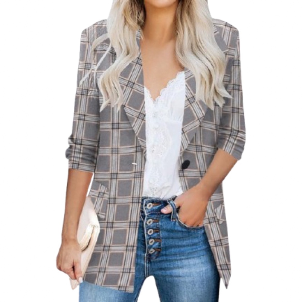 Women’s Plus Size Stretchy Ruched 3/4 Sleeve Lightweight Blazer